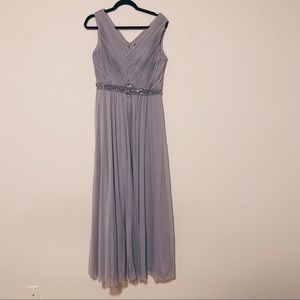 Silver formal dress with beaded detailing